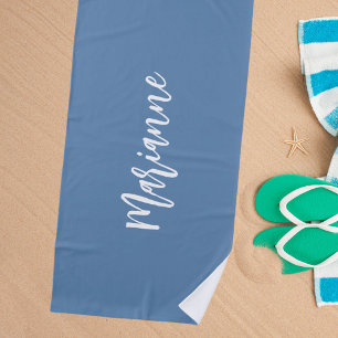 Dusty blue white custom name script beach towel