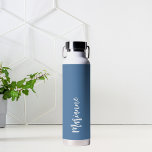 Dusty blue white custom name script water bottle<br><div class="desc">Dusty blue background.  Personalize and add your name.   White coloured handwritten style script.</div>