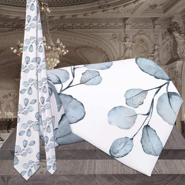 Dusty Blue & White Elegant Eucalyptus Wedding Tie (Creator Uploaded)