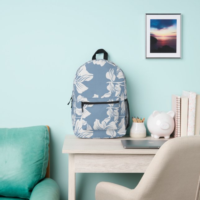 Dusty Blue & White Elegant Floral Pattern Backpack (Insitu)