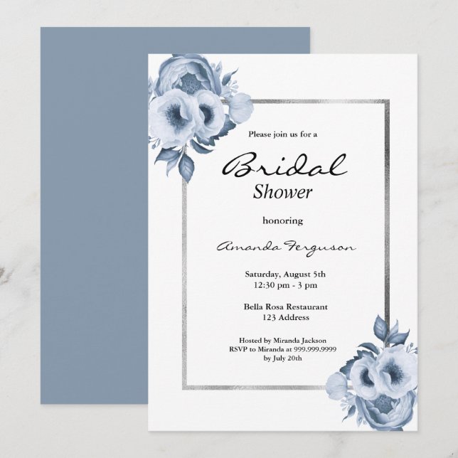 Dusty blue white elegant florals bridal shower invitation (Front/Back)