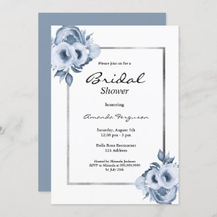 Dusty blue white elegant florals bridal shower invitation