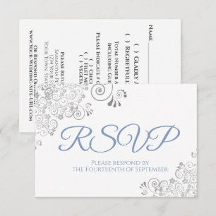 Dusty Blue & White Elegant Silver Lace Wedding RSVP Card