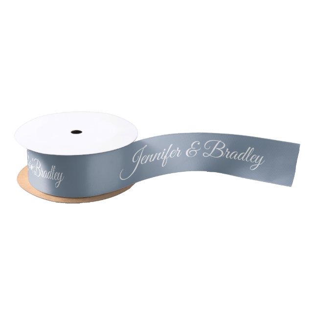 Dusty Blue White Elegant Wedding Personalized Name Satin Ribbon (Spool)