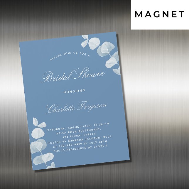 Dusty blue white eucalyptus luxury bridal shower magnetic invitation (Creator Uploaded)
