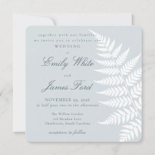 Dusty Blue White Fern Elegant Square Wedding Invitation