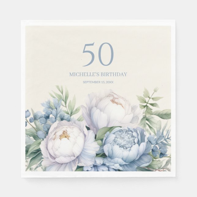 Dusty Blue White Floral 50th Birthday Name Napkin (Front)