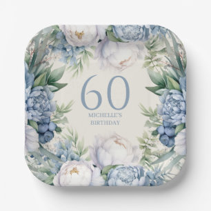 Dusty Blue White Floral 60th Birthday Paper Plate