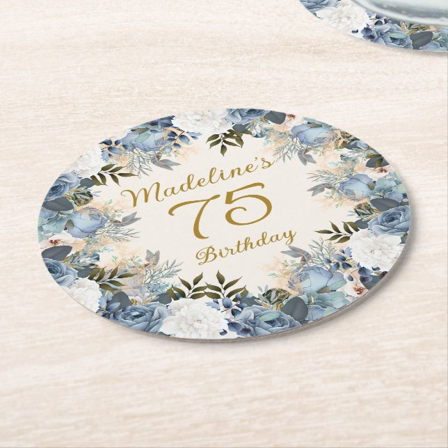 Dusty Blue White Floral 75th Birthday Name  Round Paper Coaster (Angled)
