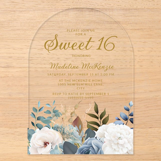 Dusty Blue White Floral Arch Sweet 16  Acrylic Invitations (Front)