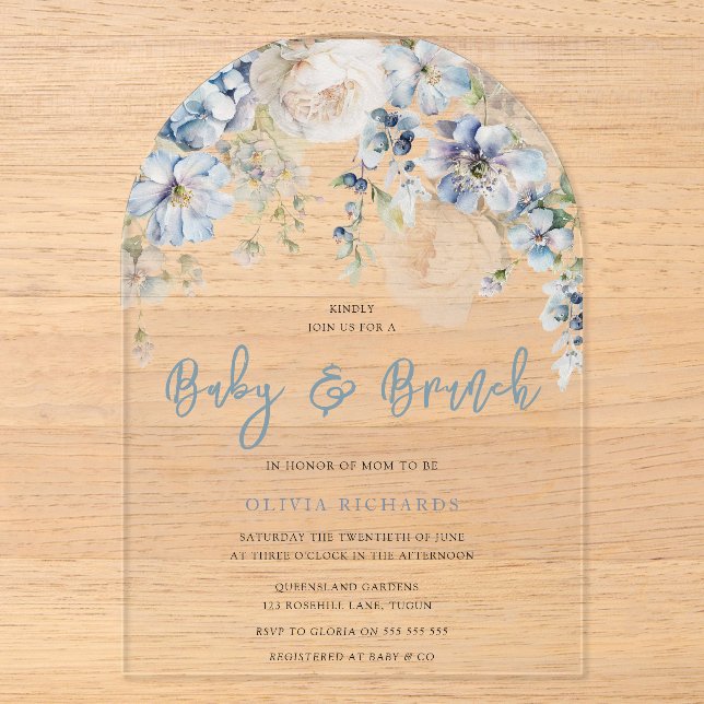 Dusty Blue & White Floral Baby Shower Brunch Acrylic Invitations (Front)