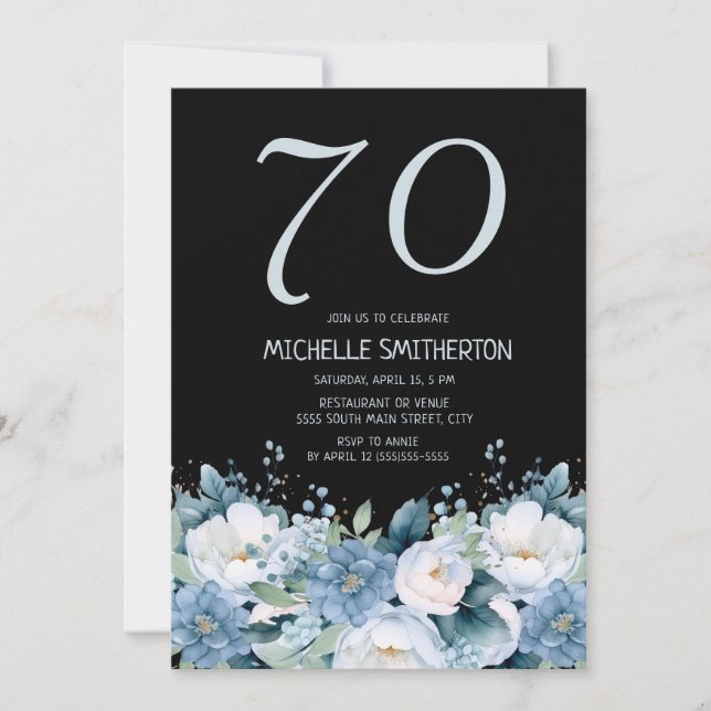 Dusty Blue White Floral Black 70th Birthday Invitation (Front)