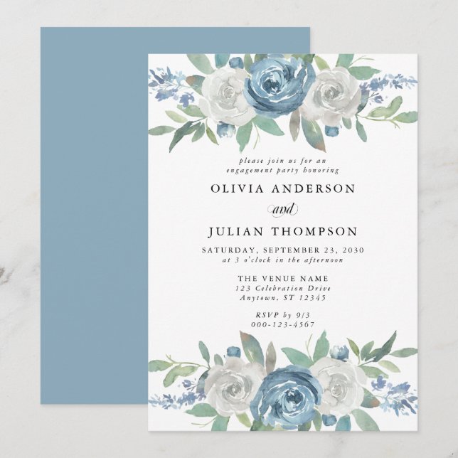 Dusty Blue & White Floral Engagement Party Invitation (Front/Back)