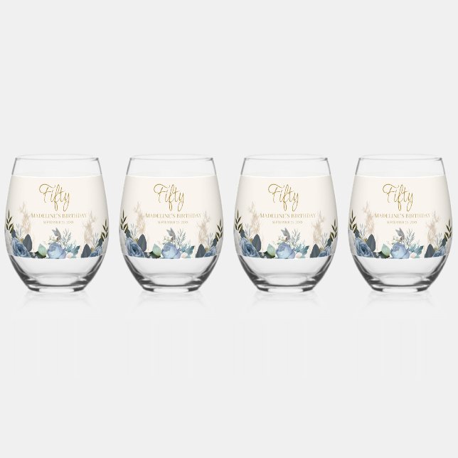 Dusty Blue White Floral Fifty Birthday Set of 4 Stemless Wine Glass (Front)