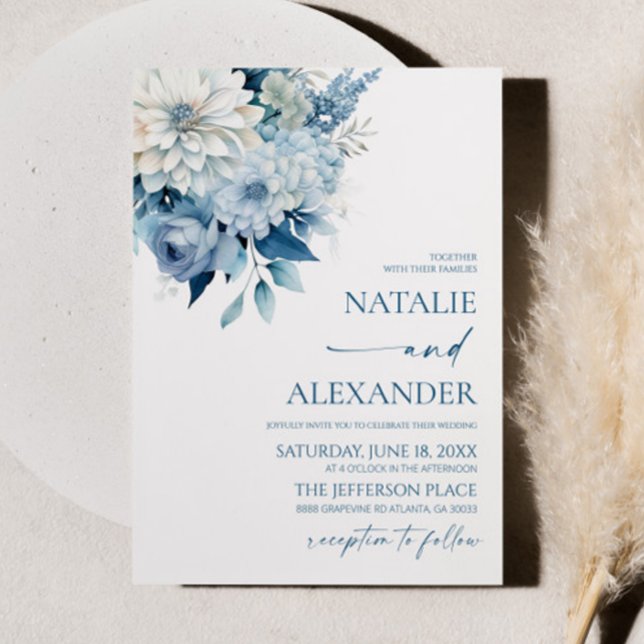 Dusty Blue White Floral Flower Garden Wedding Invitation (Creator Uploaded)