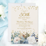 Dusty Blue White Floral Gold 30th Birthday Invitation<br><div class="desc">Elegant dusty blue and white roses,  floral,  and greenery women's 30th birthday party invitation with gold glitter. This invitation is printed on both sides. Contact me for assistance with your customizations or to request additional matching or coordinating Zazzle products for your party.</div>