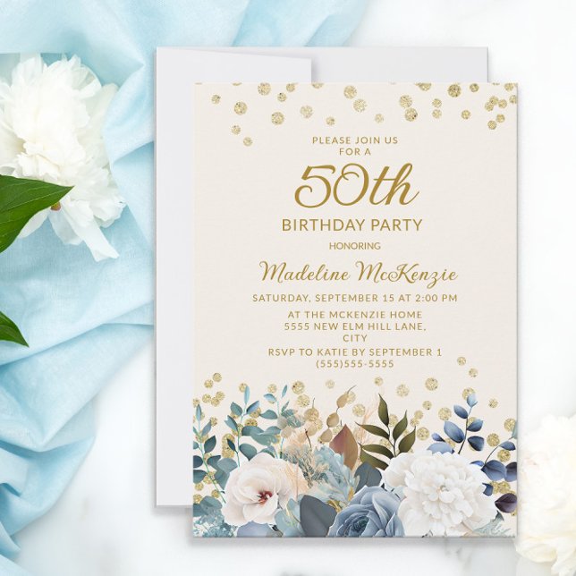 Dusty Blue White Floral Gold 50th Birthday Invitation (Creator Uploaded)