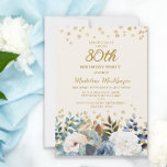 Dusty Blue White Floral Gold 80th Birthday Invitation<br><div class="desc">Elegant dusty blue and white roses,  floral,  and greenery women's 80th birthday party invitation with gold glitter. This invitation is printed on both sides. Contact me for assistance with your customizations or to request additional matching or coordinating Zazzle products for your party.</div>