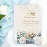 Dusty Blue White Floral Gold 90th Birthday Invitation<br><div class="desc">Elegant dusty blue and white roses,  floral,  and greenery women's 90th birthday party invitation with gold glitter. This invitation is printed on both sides. Contact me for assistance with your customizations or to request additional matching or coordinating Zazzle products for your party.</div>