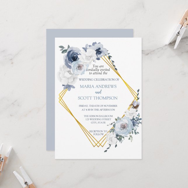 Dusty Blue White Floral Gold Frame Wedding  Invitation (Front/Back In Situ)
