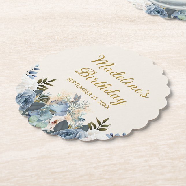 Dusty Blue White Floral Happy Birthday Name  Paper Coaster (Angled)