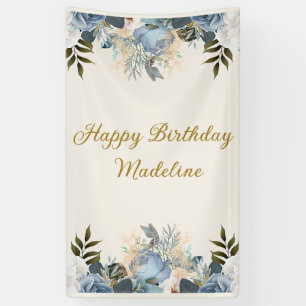 Dusty Blue White Floral Happy Birthday Vertical Banner