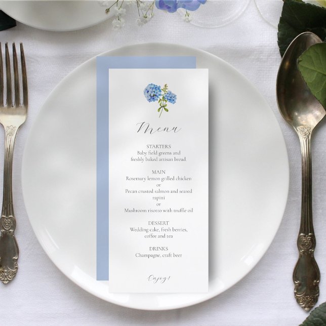 Dusty Blue & White Floral Hydrangea Wedding Menu (Creator Uploaded)