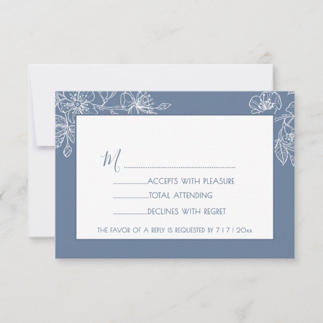  Dusty Blue White Floral Line Art RSVP (Front)