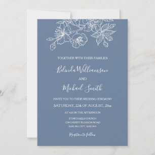 Dusty Blue White Floral Line Art   Wedding Invitation