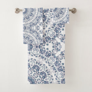 Dusty Blue White Floral Mandala Pattern Bath Towel Set