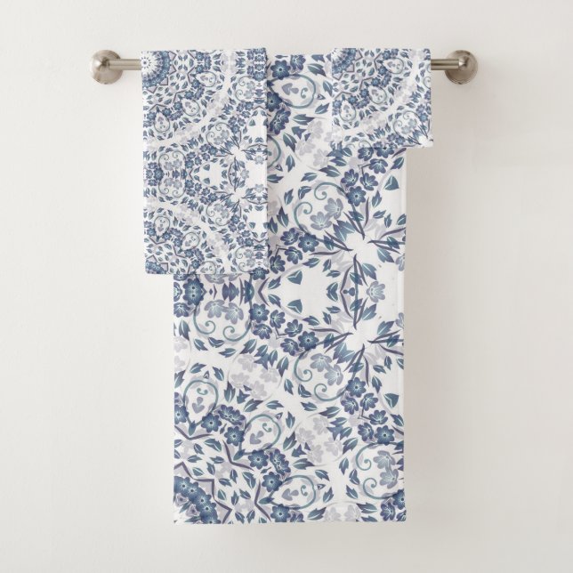 Dusty Blue White Floral Mandala Pattern Bath Towel Set (Insitu)