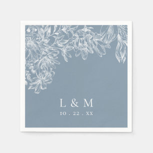 Dusty Blue White Floral Monogram Wedding Napkins