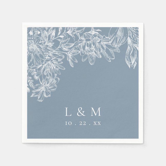 Dusty Blue White Floral Monogram Wedding Napkins (Front)