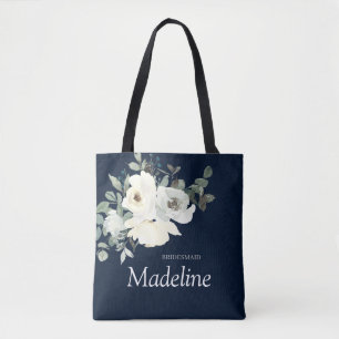 Dusty Blue & White Floral- Navy Tote Bag