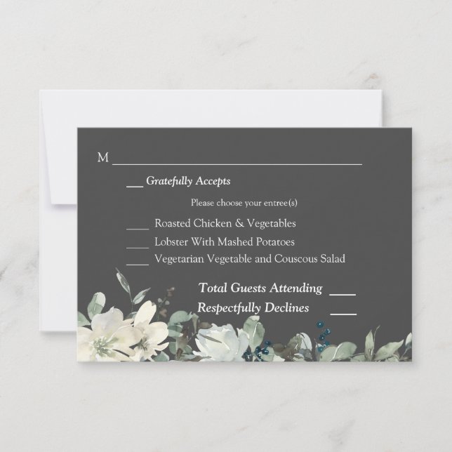 Dusty Blue & White Floral RSVP 3 Carte de repas -  (Devant)