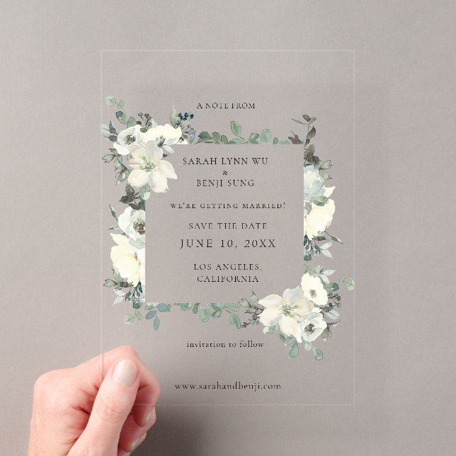 Dusty Blue & White Floral Save The Date Acrylic Invitations (Insitu (Handheld))