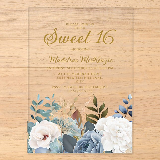 Dusty Blue White Floral Sweet 16  Acrylic Invitations (Front)