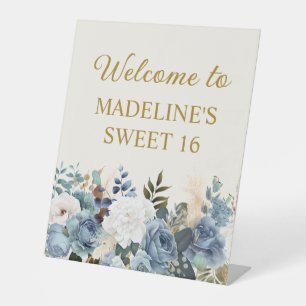 Dusty Blue White Floral Sweet 16 Welcome  Pedestal Sign