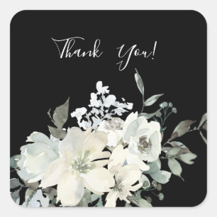 Dusty Blue & White Floral Thank You- Black V2 Square Sticker