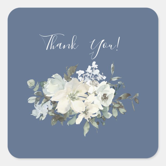 Dusty Blue & White Floral Thank You- Blue Square Sticker (Front)