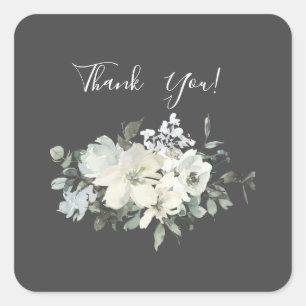 Dusty Blue & White Floral Thank You- Grey Square Sticker