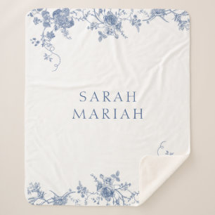Dusty Blue & White Floral Toile Personalized Name Sherpa Blanket