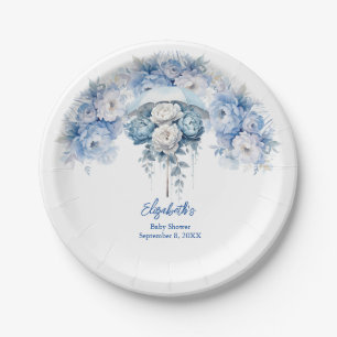Dusty Blue White Floral Umbrella Baby Shower Paper Plate