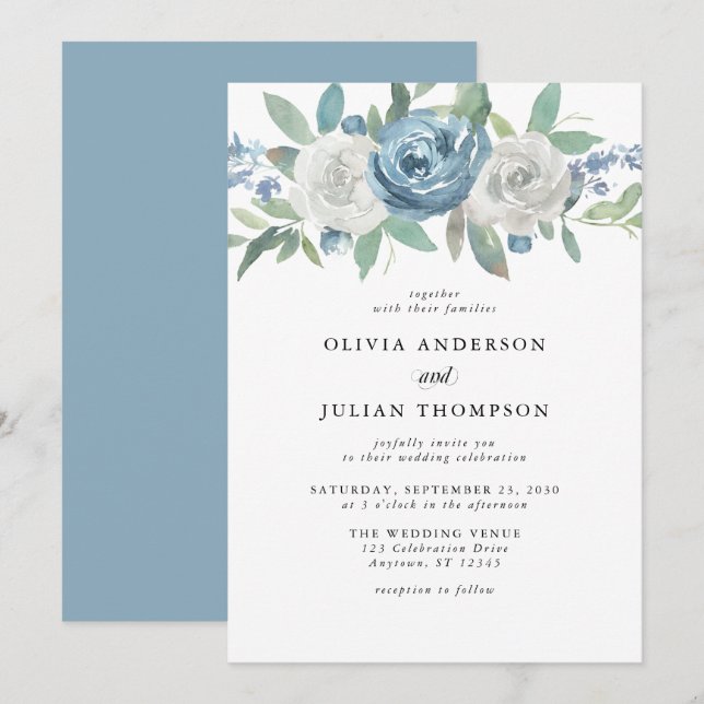 Dusty Blue & White Floral Watercolor Wedding Invitation (Front/Back)