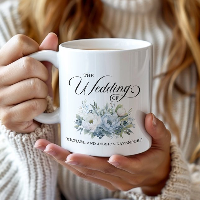 Dusty Blue White Floral Wedding Favour Coffee Mug (Elegant dusty blue floral wedding favor mug)