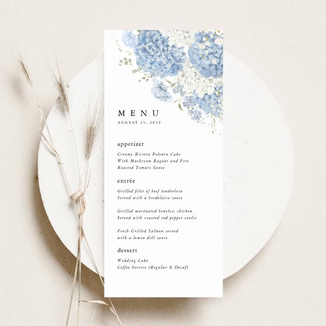Dusty Blue White Floral Wedding Reception Dinner Menu (Dusty blue white hydrangea wedding sign menu, reception dinner menu card, neutral plate indoors)