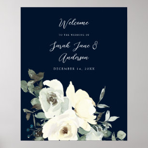 Dusty Blue & White Floral Welcome Wedding- Navy Poster