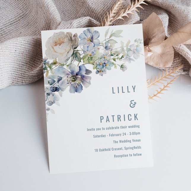 Dusty Blue & White Flowers Elegant Wedding Invitation (Creator Uploaded)