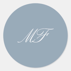 Dusty Blue White Formal Classic Monogram Wedding Round Sticker