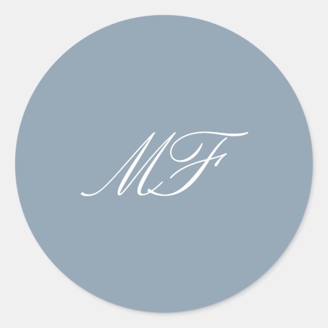 Dusty Blue White Formal Classic Monogram Wedding Round Sticker (Front)